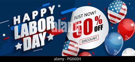 La giornata del lavoro il 50 percento di sconto promozione vendita, banner pubblicitario modello con bandiera americana palloncini. Perfetto per il marketing, lpaper.voucher di sconto.illustrazione vettoriale . Illustrazione Vettoriale