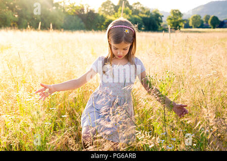 Giovane ragazza camminare attraverso il campo in una serata estiva Foto Stock