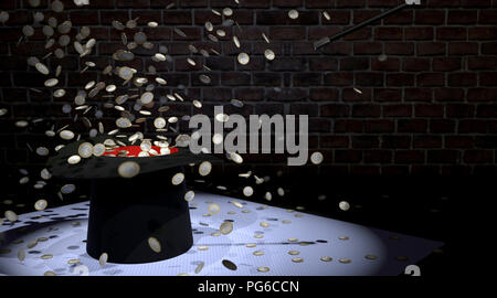 La bacchetta magica prestidigitazione monete in euro al di fuori del mago del cappello Foto Stock
