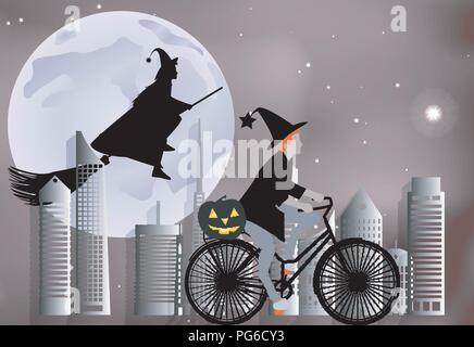 Illustrazione vettoriale di una strega una corsa in bicicletta intorno alla città e la strega volare su una scopa sopra la città in festa di Halloween Illustrazione Vettoriale