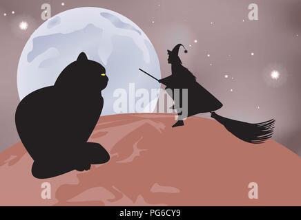 Illustrazione vettoriale di un gatto nero seduto sul globo e una strega volando su di esso in una notte di luna in festa di Halloween Illustrazione Vettoriale