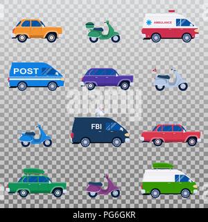 Raccolta isolati di vetture diverse come ambulanza e post minivan, fbi automobile e la classica berlina familiare, motocicli o gas minibikes assortimento per il viaggio e le vacanze, eps 10 Illustrazione Vettoriale