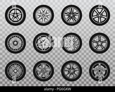 Ruota isolata, pneumatico e pneumatico raccolta di icone. Collezione di forma rotonda automobile in gomma o in auto, velocità veicolo. Ottimo per garage e negozio di macchina, automotive e tema del freno Illustrazione Vettoriale