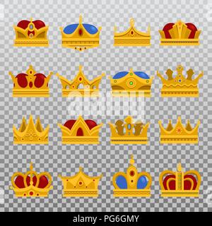 Il monarca isolato corona lampeggiante o re, principe o papa tiara, regina o principessa incandescente copricapo. Set di isolato golden segno di royalty o emblema imperiale con diadema. Gioielli e gioco icona premio Illustrazione Vettoriale