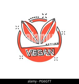 Vector cartoon vegan etichetta icona badge in stile fumetto. Timbro vegetariano concetto illustrazione pittogramma. Eco cibo naturale business effetto splash concept Illustrazione Vettoriale