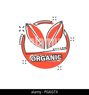 Vector cartoon Organica Vegana icona badge in stile fumetto. Eco Bio prodotto concetto timbro illustrazione pittogramma. Eco cibo naturale business effetto splash Illustrazione Vettoriale