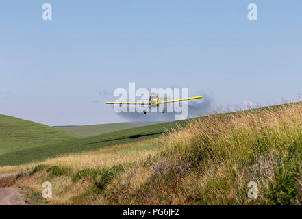 Crop duster piano di volo e la spruzzatura su colture nella regione Palouse dello stato di Washington Foto Stock