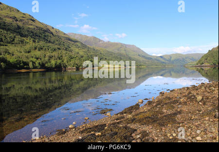 Bellissima vista estati di Loch Leven dalla riva a Caolasnacon naer Kinlochleven nelle Highlands Scozzesi. Foto Stock