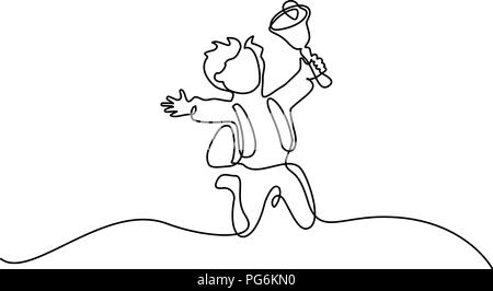 Continuo di un disegno della linea. Felice ragazzo allievo jumping con campanello scuola. Illustrazione Vettoriale. Concetto di logo, scheda, banner, poster flyer Illustrazione Vettoriale
