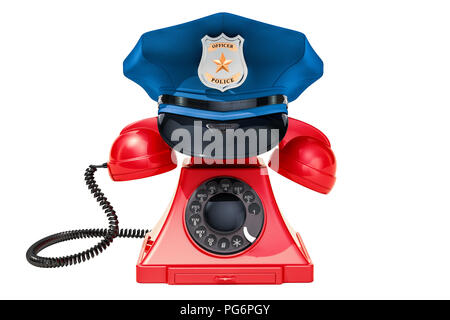 Telefono con cappuccio di polizia, 911 concetto. 3D rendering isolati su sfondo bianco Foto Stock