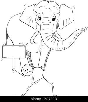 Cartoon di uomo o imprenditore elefante portante sulla sua schiena e tenendo premuto segno di vuoto Illustrazione Vettoriale