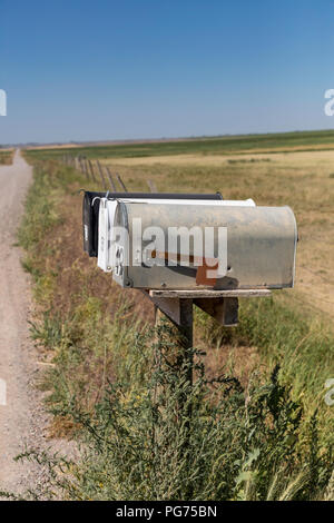 Cassette postali su rurale strada sterrata in Montana, USA Foto Stock