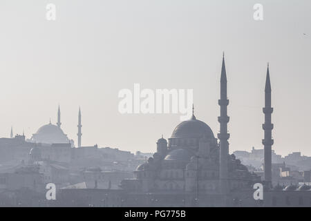 Le forme delle moschee di Sultanahmet (o la Moschea Blu) e Eminonu nell'ombra, a Istanbul, con cupole e minareti visibile in primo piano Foto Stock