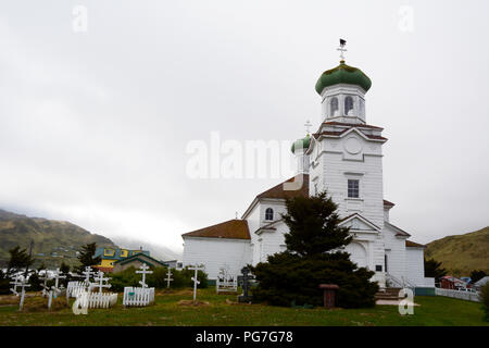 La Chiesa del Santo Ascensione, un XIX secolo chiesa ortodossa costruita dai coloni russi, Unalaska Isola, Isole Aleutine arcipelago, Alaska. Foto Stock