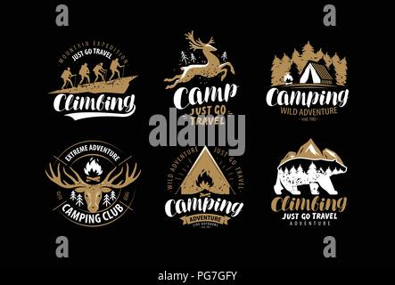 Camping, escursione logo o emblema. Escursione di alpinismo, set di etichette. Vettore di vintage Illustrazione Vettoriale