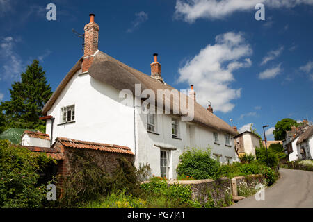 Regno Unito, Inghilterra, Devon, Sampford Courtenay, idilliaco cottage con il tetto di paglia in village street Foto Stock