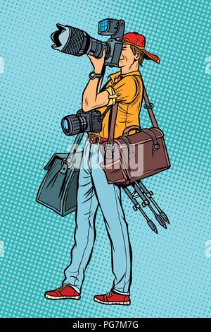 Fotografo professionista con fotocamera e attrezzature Illustrazione Vettoriale