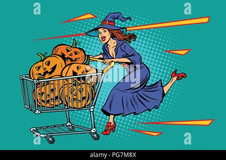 Halloween witch zucca. Carrello spesa Carrello vendita Illustrazione Vettoriale