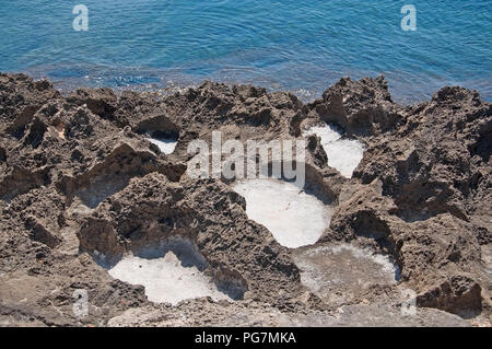 Bella costa naturale paesaggio con cavità saline in rocce e acque blu turchese in Mallorca, Spagna. Foto Stock