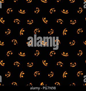 Facce di zucca incandescente su sfondo nero. Modello senza giunture. Illustrazione Vettoriale
