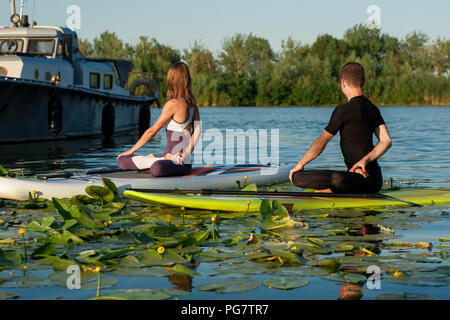 Stand Up Paddle board yoga eseguita da una bella giovane sullo sfondo luminoso, formazione yoga sulla spiaggia Foto Stock