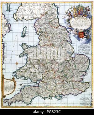 Atlas Van der Hagen-KW1049B11 004-UNA NUOVA MAPPA DEL KINGDOME DI INGHILTERRA, rappresentando il Princedome del Galles, e in altre province e città, città di mercato, con le strade di città in città. Foto Stock