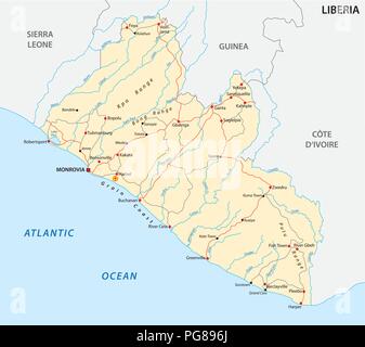 Repubblica di Liberia road mappa vettoriale. Illustrazione Vettoriale