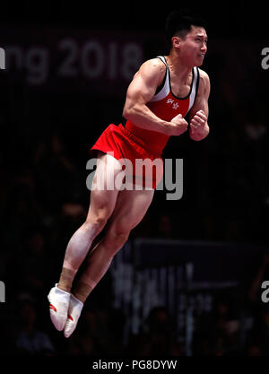 Jakarta. 24 Ago, 2018. Shek Wai appeso di Hong Kong della Repubblica popolare cinese compete durante la ginnastica artistica Uomini Vault finale di Giochi Asiatici 2018 a Jakarta, Indonesia il 24 agosto 2018. Credito: Wang Lili/Xinhua/Alamy Live News Foto Stock