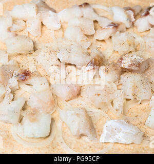 La cottura della torta - ripieno di pesce crudo pezzi e agli anelli di cipolla in pasta Foto Stock