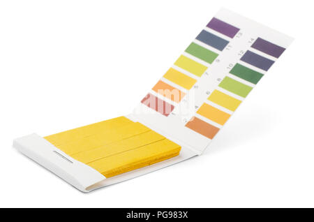 Al tornasole PH strisce di prova e dei campioni di colore isolato su bianco Foto Stock