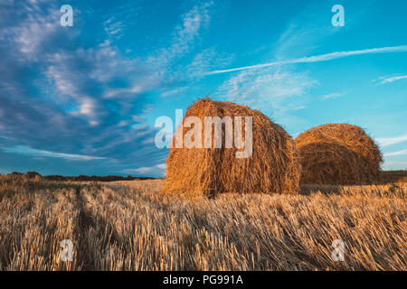 Due balle di fieno sul campo in autunno le nuvole. Foto Stock