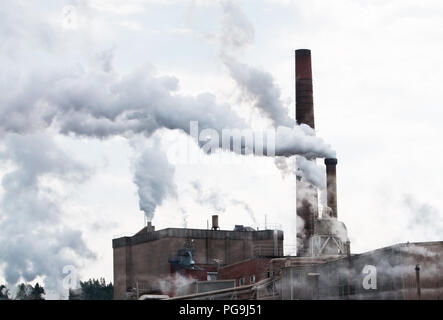 Inquinamento del fumo attraverso camini industriali contro il cielo grigio. Foto Stock