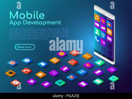 3D isometrica di banner per il web con smartphone mobile app icona. Lo sviluppo di applicazioni mobile landing page concetto. Illustrazione Vettoriale