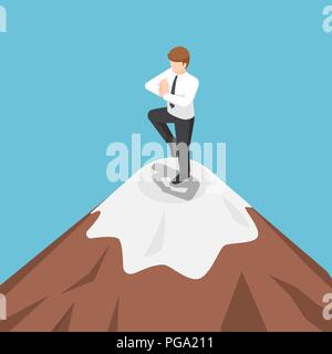 Appartamento 3D isometrica imprenditore fare yoga sulla cima della montagna. La meditazione e il concetto di successo. Illustrazione Vettoriale