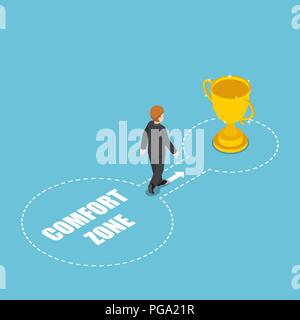 Appartamento 3D isometrica imprenditori venuto fuori della zona di comfort per il successo con il vincitore del trofeo. Sviluppo personale. sfida e concetto di successo. Illustrazione Vettoriale