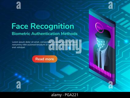 3D isometrica banner web smartphone con sistema di riconoscimento facciale. Riconoscimento facciale biometrico e i metodi di autenticazione di sistema di sicurezza landing page Illustrazione Vettoriale