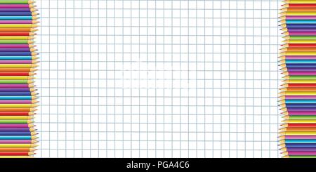 Matite colorate telaio sul foglio di notebook di bianco a scacchi carta grafica circondato dalla cornice ondulata fatta di variopinti matite in legno. Banner di vettore Illustrazione Vettoriale
