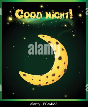 Vector cartoon illustrazione della luna gialla sul cielo scuro con stelle luccicanti sfondo con buona notte iscrizione sopra. Desiderosi di dolci sogni a ven Illustrazione Vettoriale