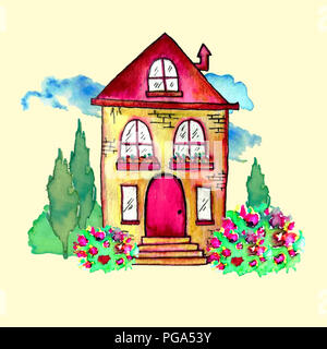 Carino acquerello paesaggio con la casa e il giardino. Sweet home concept. Dipinto a mano carta con happy house, blue clouds, cespugli e fiori. Immagine raster Foto Stock