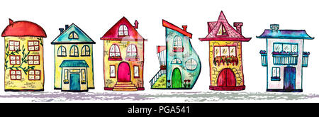 Acquerello città linea perfetta. Carino houses background. Illustrazione raster Foto Stock