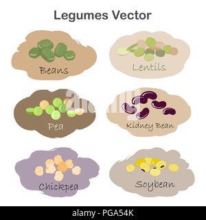 Set di diversi legumi cartoon etichette isolati su sfondo bianco. Rene, soia, fagioli, piselli, ceci, lenticchie. Illustrazione Vettoriale