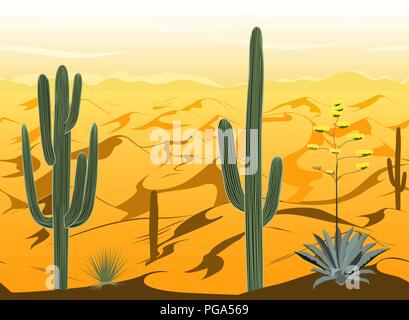 Modello senza soluzione di continuità con il paesaggio del deserto e cactus sagome nel vettore. Ficodindia, saguaro, agave blu e dune. Sfondo per giochi, animazione Illustrazione Vettoriale