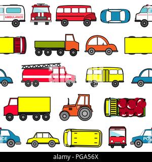 Carino sfondo senza soluzione di continuità con il cartoon cars. Modello di trasporto. Illustrazione Vettoriale Illustrazione Vettoriale