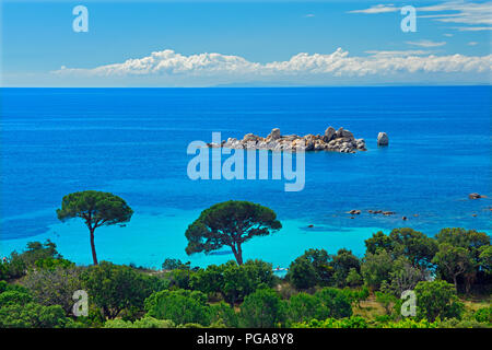 Baia di Palombaggia con mare blu turchese, Porto Vecchio, Corse-du-Sud dipartimento, Corsica, Francia Foto Stock