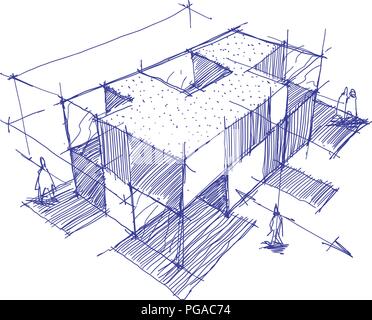Disegnato a mano schizzo architettoniche di un edificio moderno con le persone intorno a Illustrazione Vettoriale