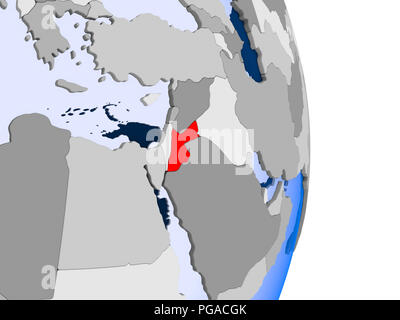 La Giordania in rosso sul modello del mondo politico con trasparente degli oceani. 3D'illustrazione. Foto Stock