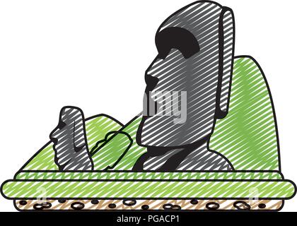 Doodle moai scultura da isola di pasqua e le montagne Illustrazione Vettoriale