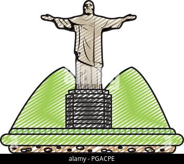 Doodle cristo religione statua con montagne paesaggio Illustrazione Vettoriale