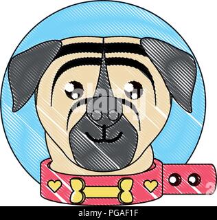 Carino pug cane con collare su sfondo bianco, illustrazione vettoriale Illustrazione Vettoriale