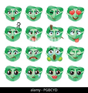 Set di adesivi di vettore, emojis con cavolo carino Illustrazione Vettoriale